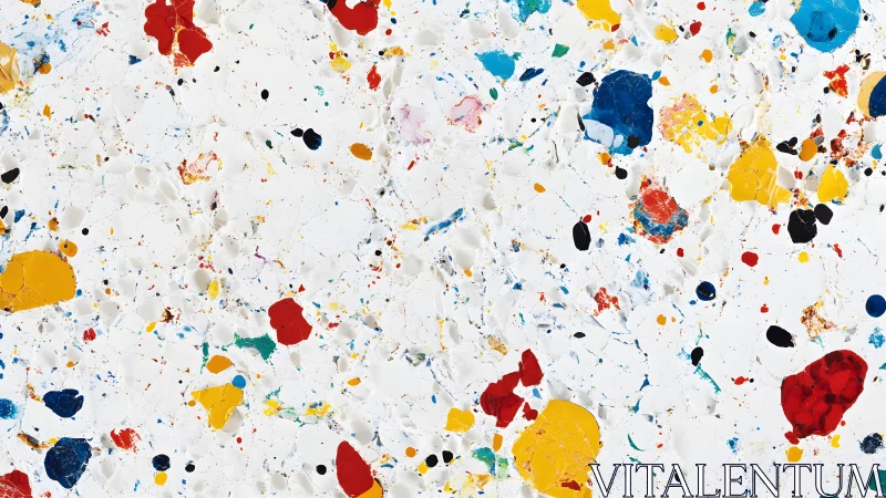 Abstract splatter painting with colorful paint on textured white background.