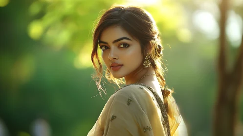 Elegant woman in traditional attire under soft sunlight.