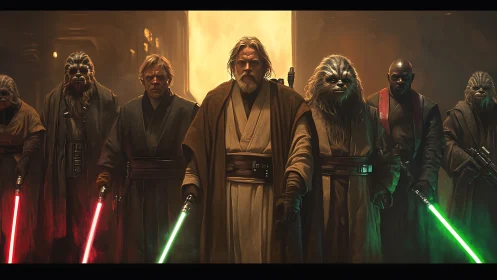 Starlit guardians stride forward with crackling laser resolve.