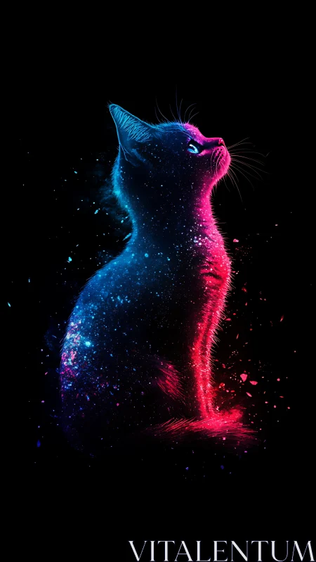 Neon Feline Dream: Cat Dissolving in Vibrant Light Particles.