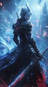 Silver-haired dark knight stands amid frozen inferno skies