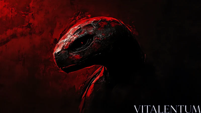 Brooding crimson turtle sentinel in volcanic shadowed silence.