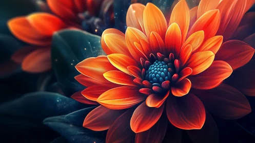Digital render of layered gerbera daisy with orange petals and dark center
