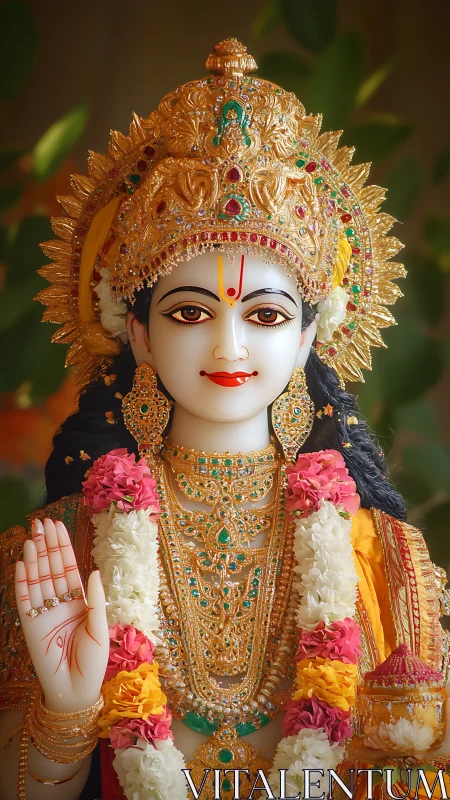 Hindu deity statue shown in frontal view with ornate jewelry