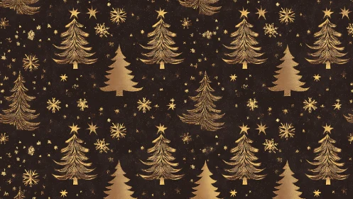 Golden Christmas tree and snowflake pattern repeats uniformly