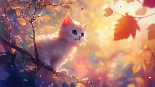 Ethereal White Kitten in Autumn Leaf Bokeh Landscape