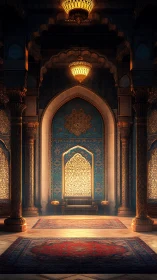 Ornate vaulted hall with central arch and illuminated niche.