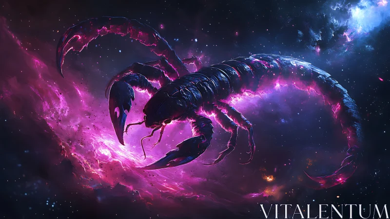Cosmic scorpion silhouette within luminous nebula field.