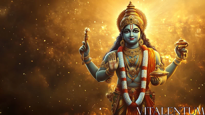 Hindu deity illustration with golden cosmic background.