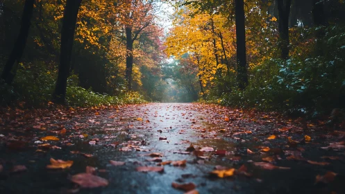 Low-angle wet forest path captures saturated autumn foliage depth