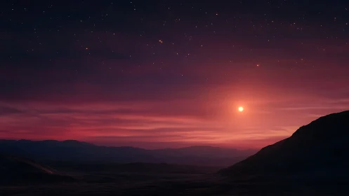 Crimson twilight sun sinks over distant alien mountainscape