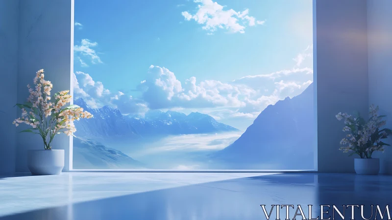 Interior opening onto distant blue mountains and sky.