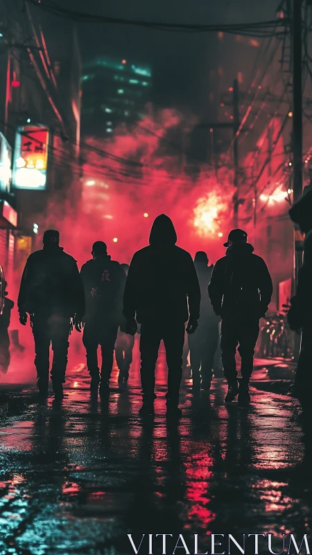 Silhouetted street crew in neon fog-drenched nightscape.