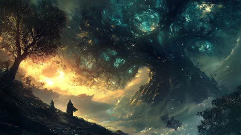 Cosmic vortex sky above cloaked travelers at dusk.