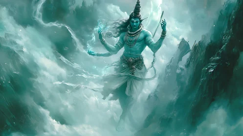 Divine blue deity levitates amid volumetric clouds and jagged cliffs