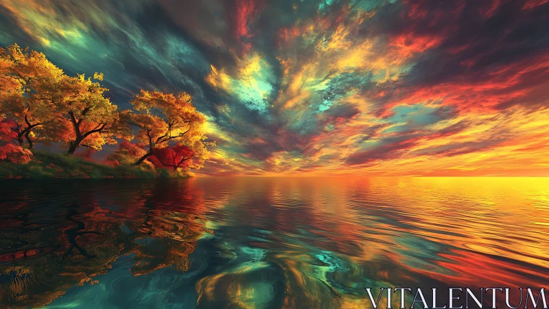 Sunset-scorched trees guard a kaleidoscope dreaming sea.