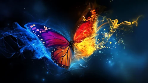 Vivid glowing butterfly with blue and orange energy trails.