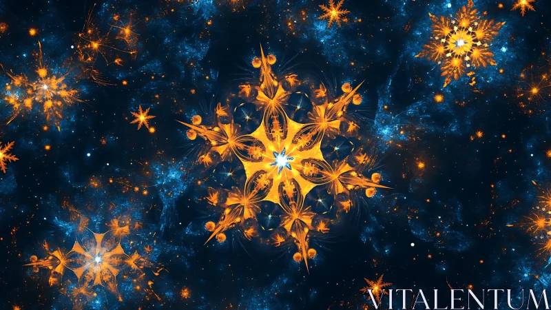 Fractal orange starbursts in deep blue cosmic space field.