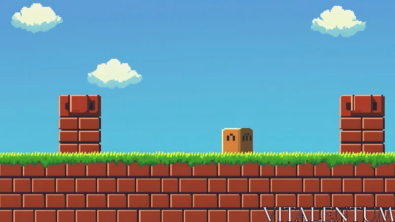 Pixel platformer level with brick columns and sky background.