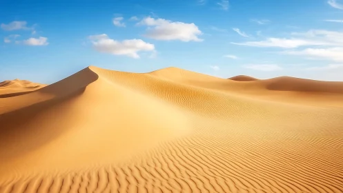 Golden desert dunes roll beneath a vivid blue sky.