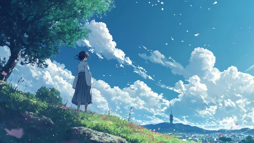 Anime hillside panorama with girl under tree and cumulus sky