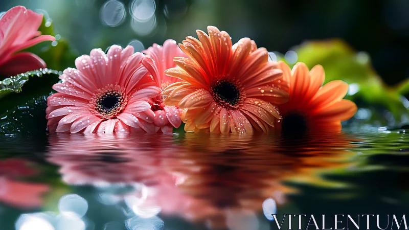 Gerbera Daisies with Refraction and Bokeh in Water Reflection