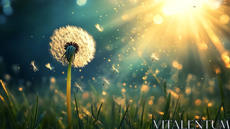 Dandelion seeds glow under golden sunset backlight.