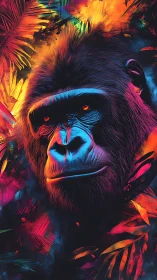Vibrant jungle gorilla glowing in sunset neon color light.