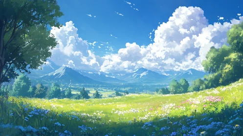 Sunlit wildflower valley beneath drifting summer clouds.