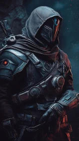 Hooded cybernetic ranger in glowing ember-lit armor.