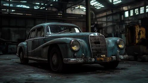Weathered classic Mercedes sedan rests in an abandoned warehouse.