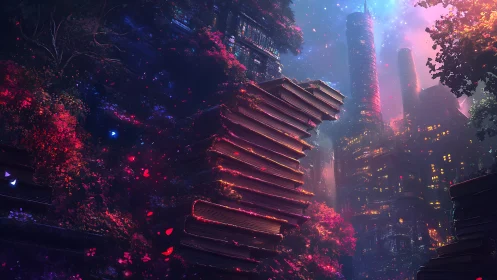 Glow-lit book city bridging dreamy forest and skyline.