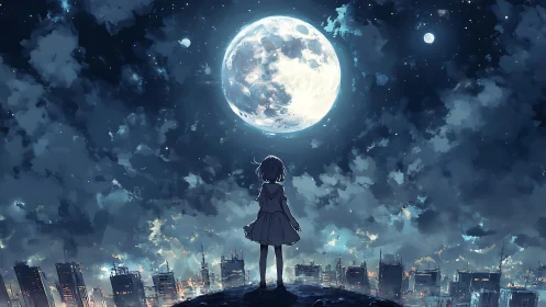 Solitary girl under colossal moon above glowing cityscape.