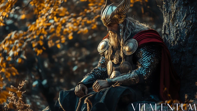 Golden-armored warrior resting beneath autumnal forest canopy.
