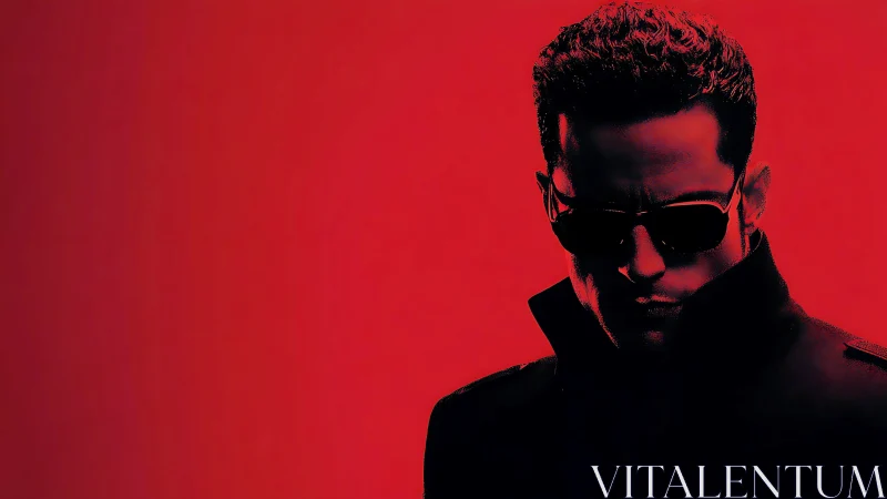 Shadowed cool on a bold red stage of mystery and style.