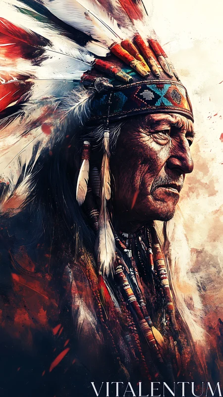 Elder leader portrait with feathered headdress in firelight.