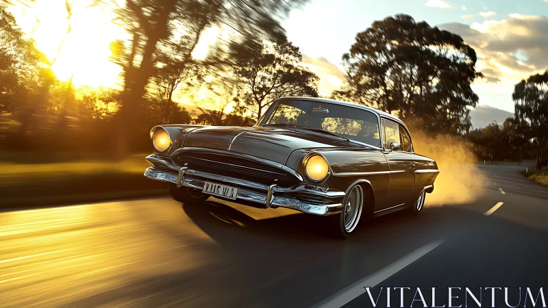Classic black muscle car powers through sunset highway.