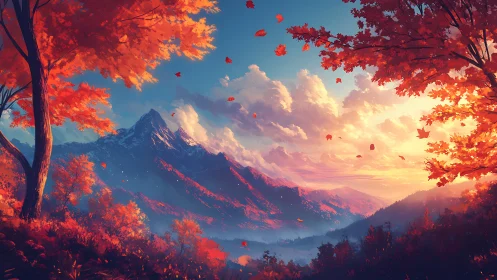 Fiery autumn valley glows beneath snowcapped twilight peaks.