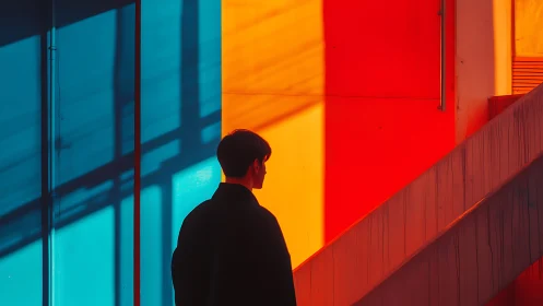 Silhouetted figure studies bold blue and orange geometric light