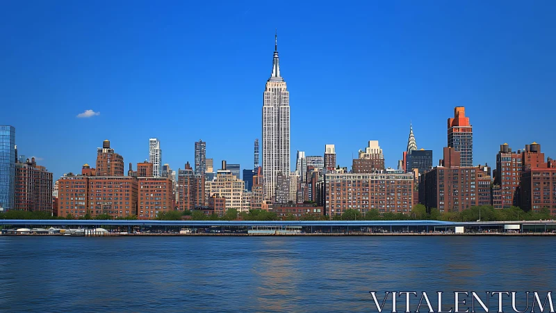 New York skyline rises beyond calm river under clear sky