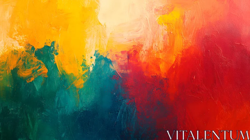 Bold abstract painting with vibrant yellow, teal, and red hues.