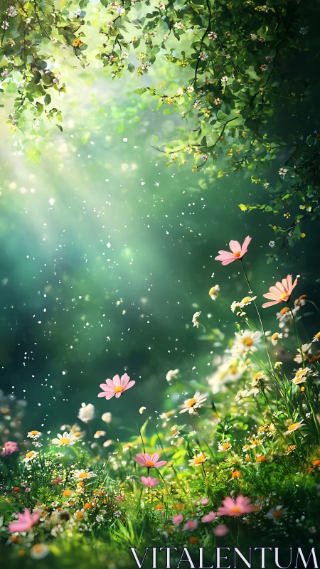 Serene Garden with Luminescent Bokeh and Blooming Flowers.