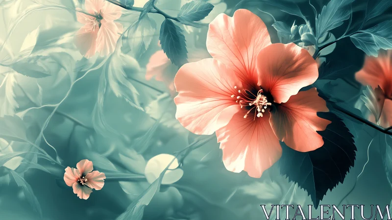 Coral Blooms Drift Through Teal Reverie.