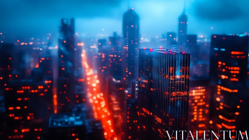 Neon-soaked city skyline glowing through midnight mist.