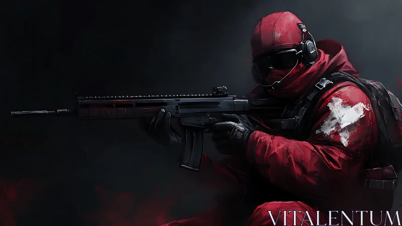 Armed tactical soldier in red gear holds rifle in darkness
