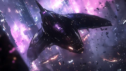 Stealth starfighter diving through neon-shattered megacity skies.