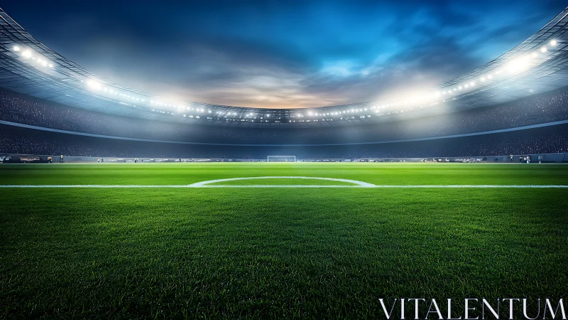 Floodlit soccer stadium with empty green pitch at dusk.