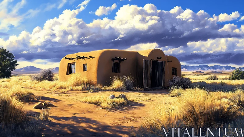 Adobe desert dwelling under cumuliform sky illumination.
