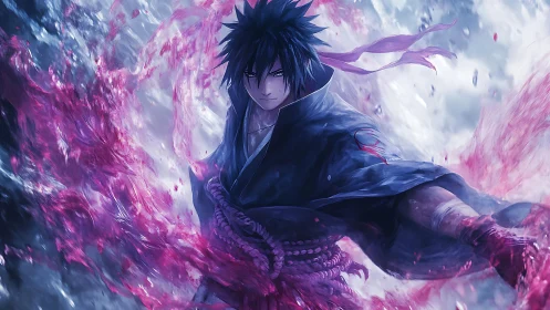 Dark-haired anime fighter amid swirling magenta energy field.
