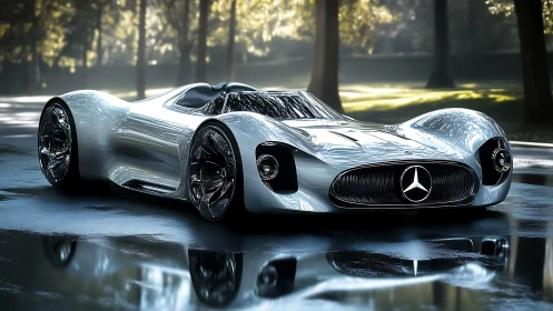 Low-slung aerodynamic Mercedes concept on reflective wet asphalt.